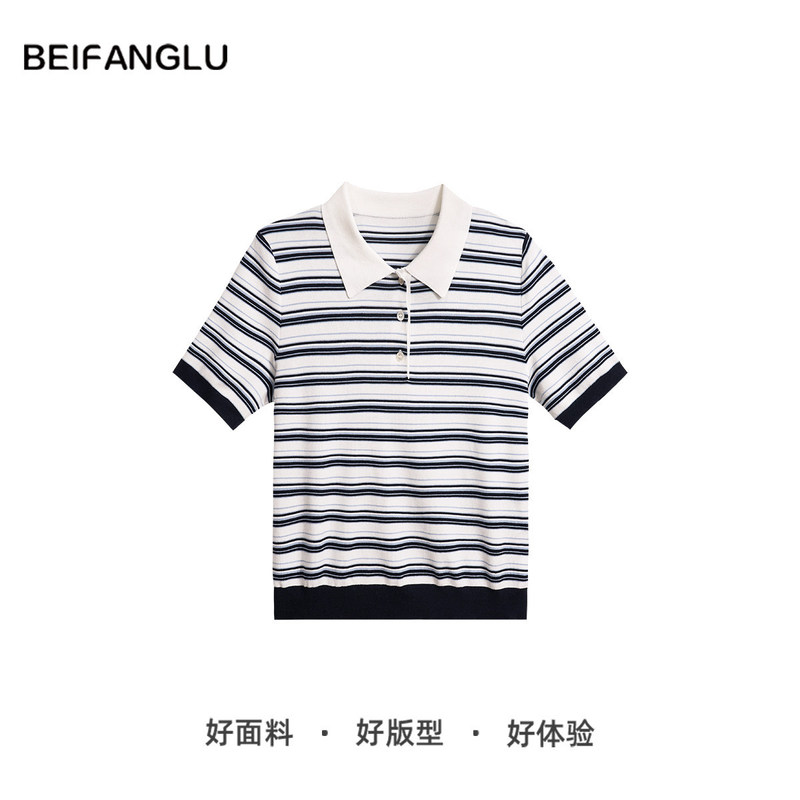 Northern Deer 68.6 Lyocell 25.4 Cotton 6 Mulberry Silk Summer Polo Collar Striped Knitted T-Shirt for Women 261240 Northern Deer 68.6 Lyocell 25.4 Cotton 6 Mulberry Silk Summer Polo Collar Striped Knitted T-Shirt for Women 261240