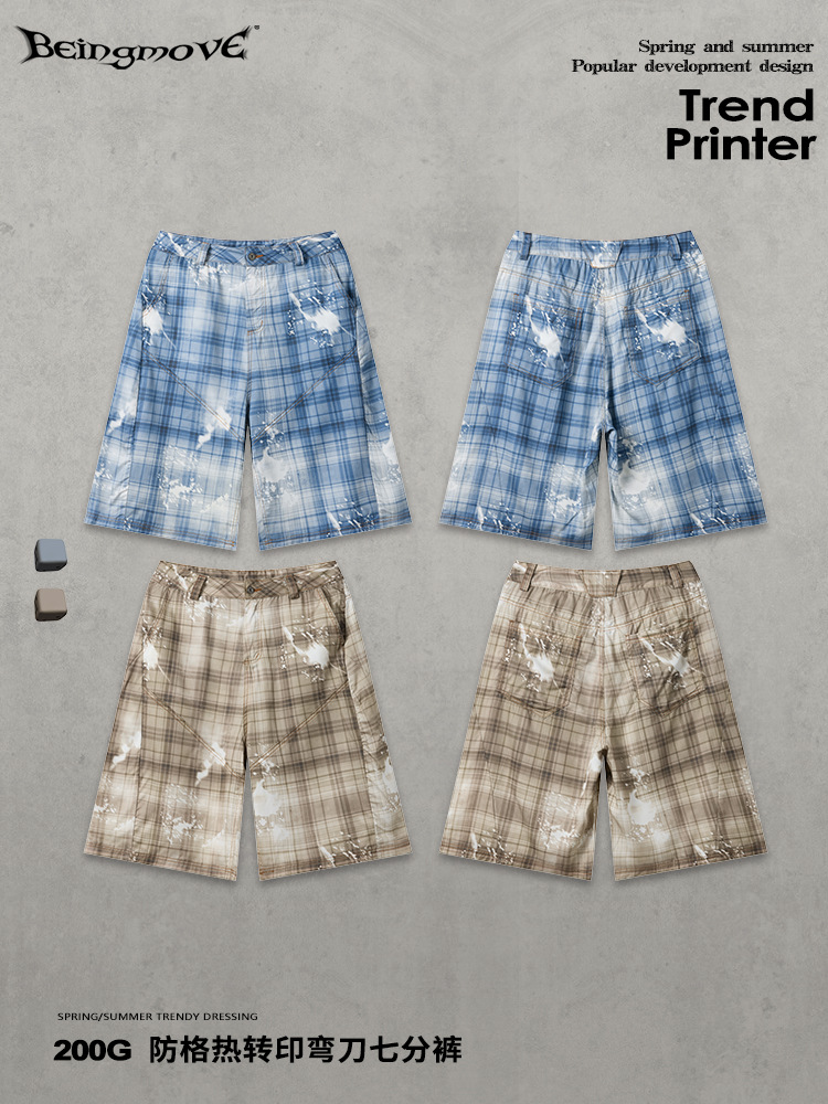 Calle secada| Marca de moda de verano estilo americano retro machete pantalones de siete puntos de moda simple hacer viejos pantalones cortos casuales a cuadros