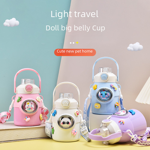Internet celebrity figurine children's kettle hand-held cartoon student straw cup hand-held 316 stainless steel children's thermos 