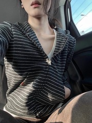 美式复古条纹针织连帽卫衣开衫女秋季绝美宽松显瘦休闲毛衣外套潮