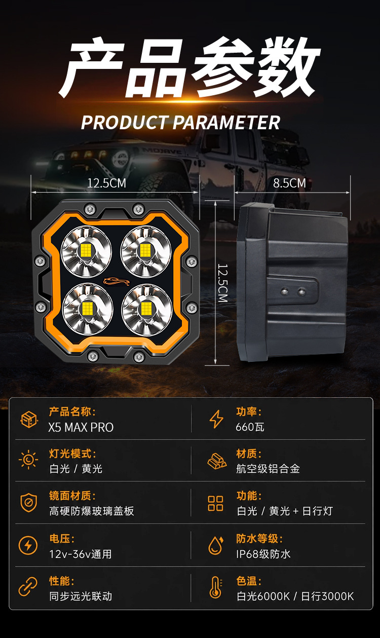 New Square-Shaped High-Power Automotive Work Light with Drl Mode, Modified for Off-Road Vehicles and Truck Headlights