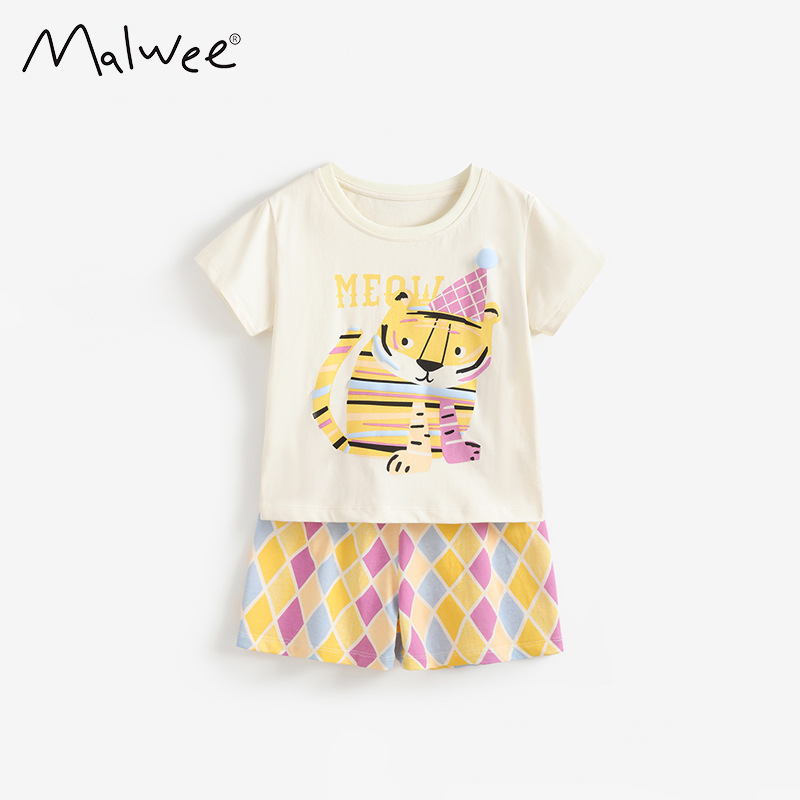 Malwee transfronterizo conjunto de niñas verano nuevo lindo impresión de cuello redondo T europea y americana juegos de dos piezas para niños ociosos