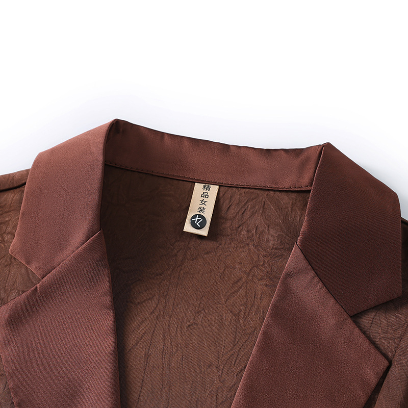 長袖のスーツのコートの女性の春の薄いタイプの2025新型の高級感の小さい背の酢酸のサテンのスーツの上着の女性