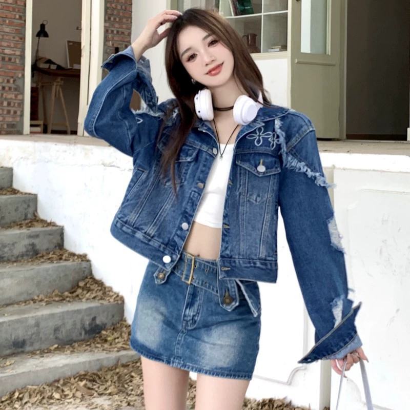 Retro denim spring jacket, atmospheric design long-sleeve, Korean style