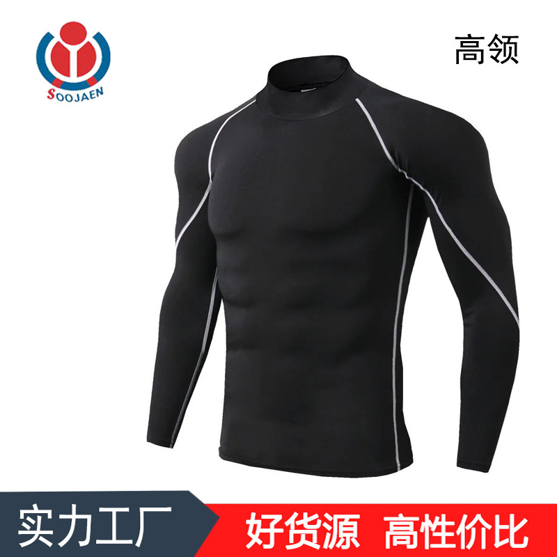 工厂直销运动健身服男 高领训练服跑步紧身速干紧身衣男代发6029|ms