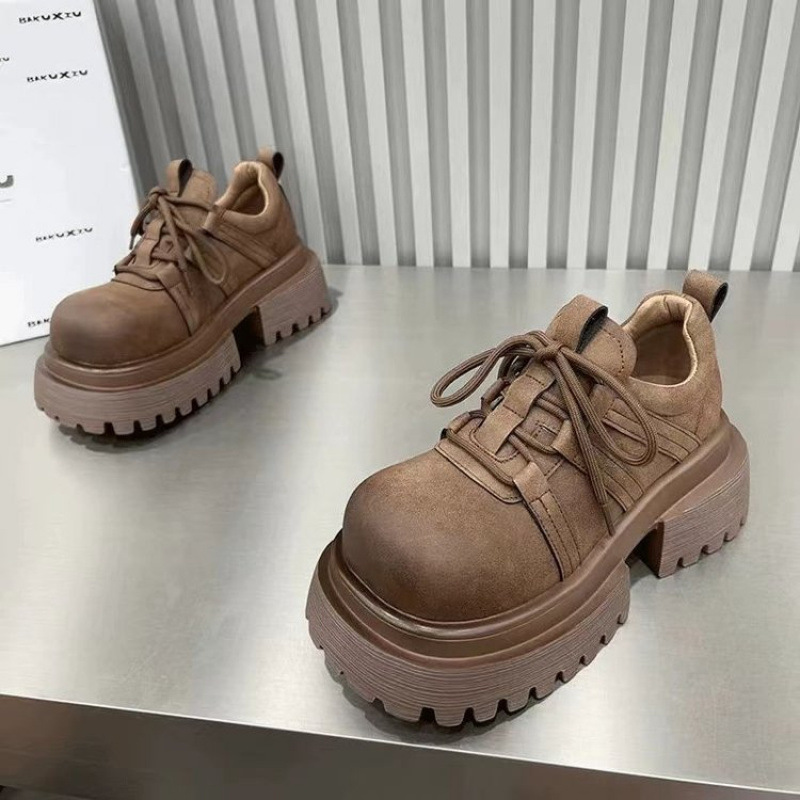 Autumn retro vintage shoes English style platform with shoelaces