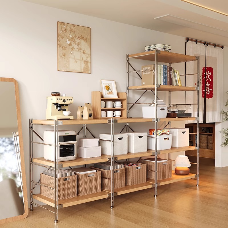 日式置物架落地光轴客厅厨房多层收纳储物架子书柜展示柜一体靠墙