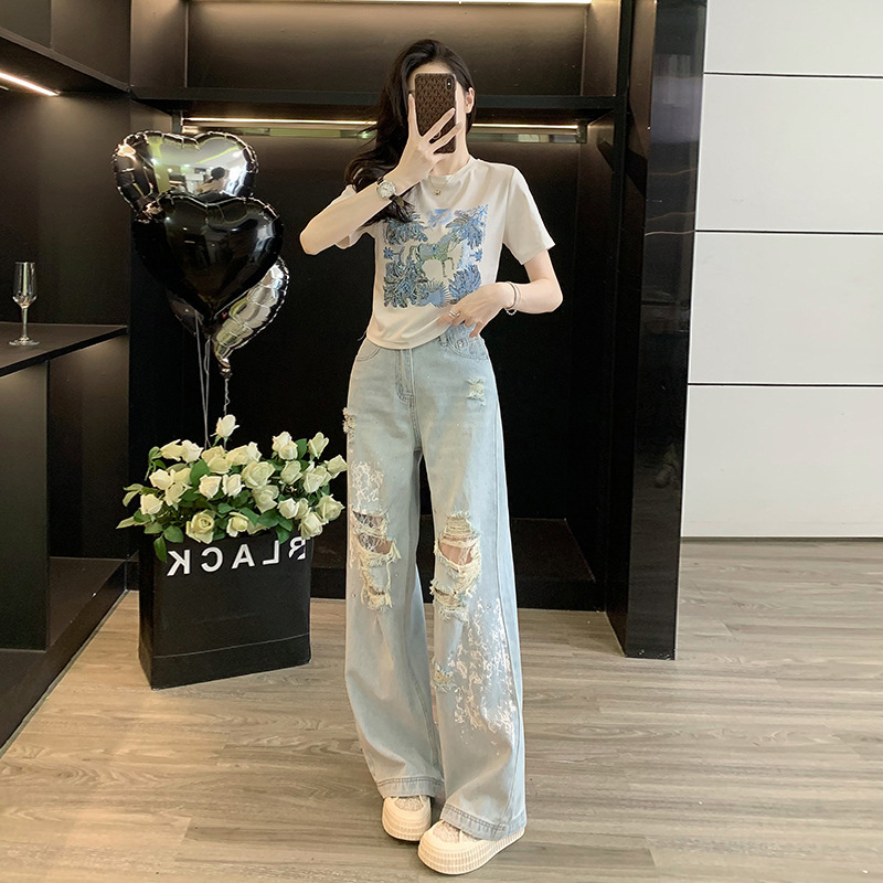 Casual Sports Suit for Women Summer New Hot Diamond Printed Short-Sleeved T-Shirt Retro Denim Wide-Leg Pants Two-Piece Trendy Set Casual Sports Suit for Women Summer New Hot Diamond Printed Short-Sleeved T-Shirt Retro Denim Wide-Leg Pants Two-Piece Trendy Set