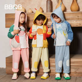 儿童秋季新款拼色连帽外套男童纯棉圆领插肩袖t恤女宝休闲直筒裤