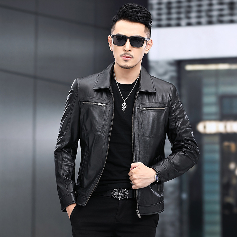 New Style Genuine Leather Jacket for Men with a Turn-Down Collar, Autumn Fashion, Haining Genuine Leather Clothing for Middle-Aged Men, Motorcycle Casual Wear New Style Genuine Leather Jacket for Men with a Turn-Down Collar, Autumn Fashion, Haining Genuine Leather Clothing for Middle-Aged Men, Motorcycle Casual Wear