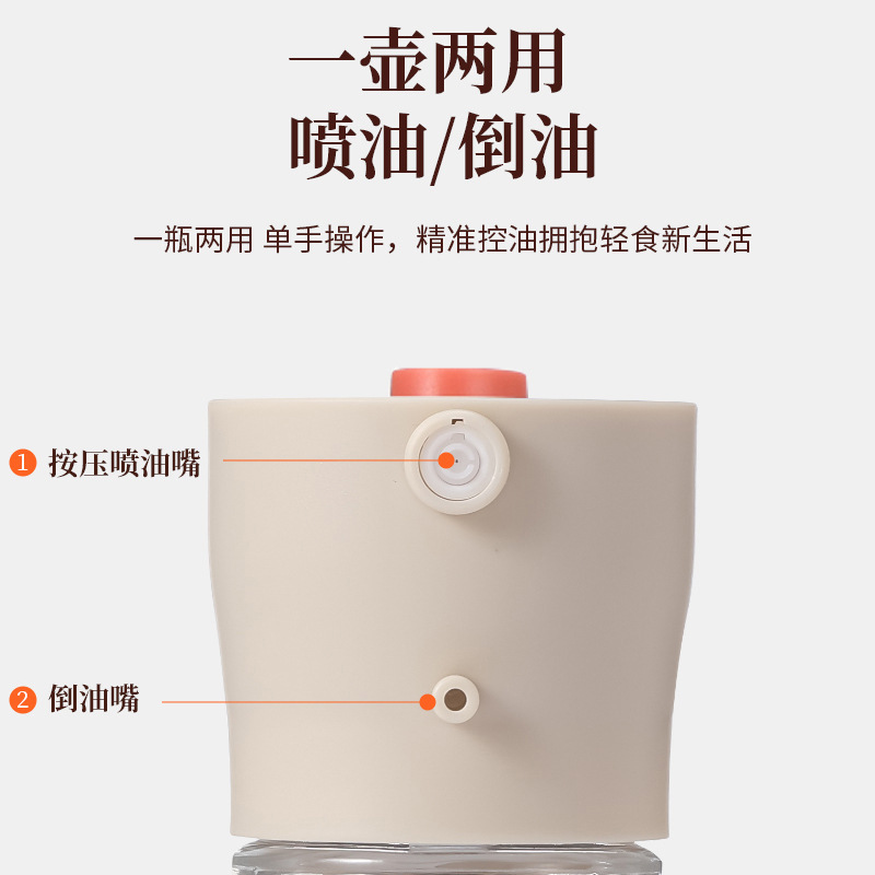家庭用台所に漏れ防止醤油ポットのプラスチックを垂らさずに定量的に30mlのオイルポットを一体のオイルボトルに吹き付ける|undefined