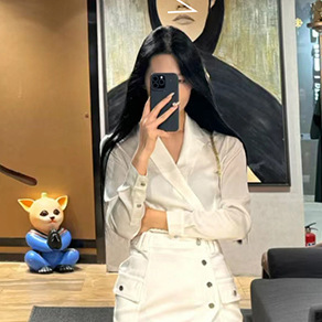 现货设计师西装领显瘦长袖衬衣上衣斜排扣开叉包臀半身裙短套装秋|undefined