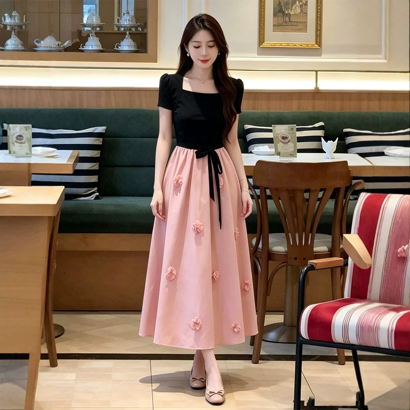 Li Li's [Black Pink Monet] French-Style Design with Three-Dimensional Floral Long Dress, Patchwork Waist-Cinching Dress for Women, Summer