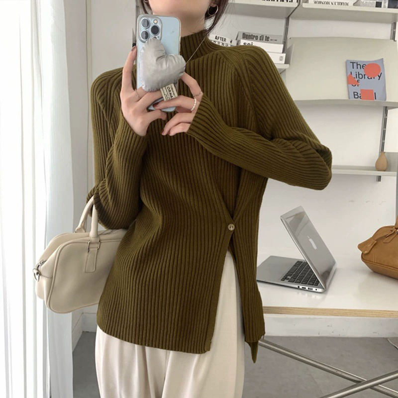Плейн-свитер длинный рукав демисезон, дизайн связан knitted body-friendly термобелье, высокий воротник, увеличенная толщина, оверсайз