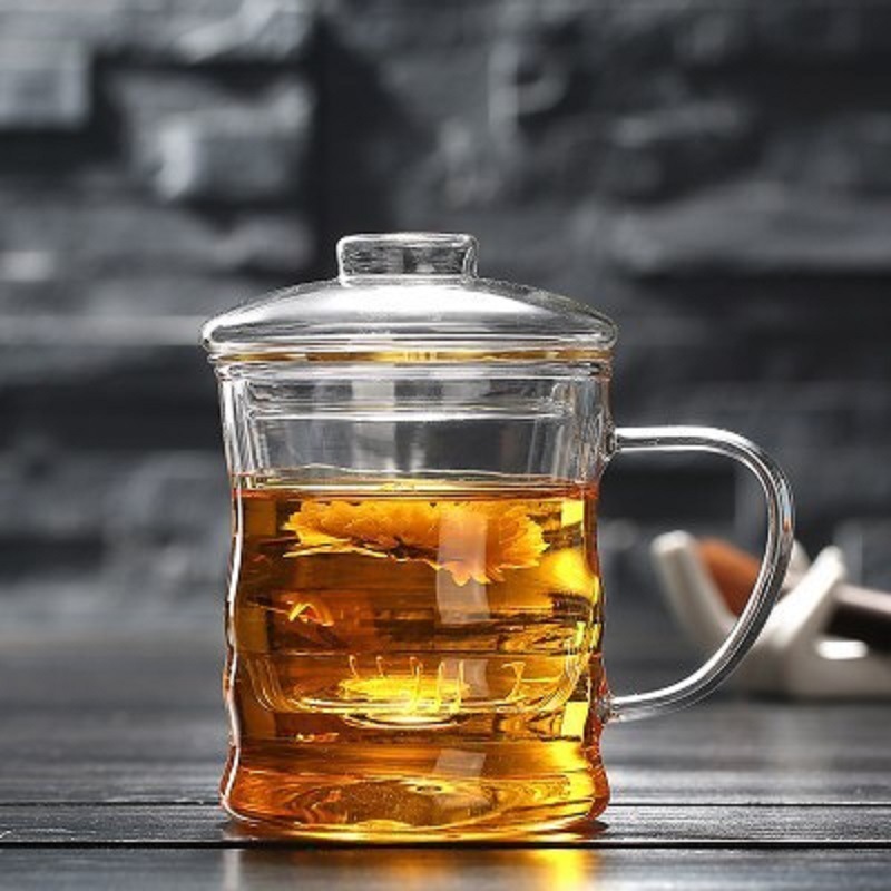 Vidrio taza de té de vidrio con mango flor taza de té redonda taza divertida taza de tres piezas taza de té taza de agua de oficina con tapa