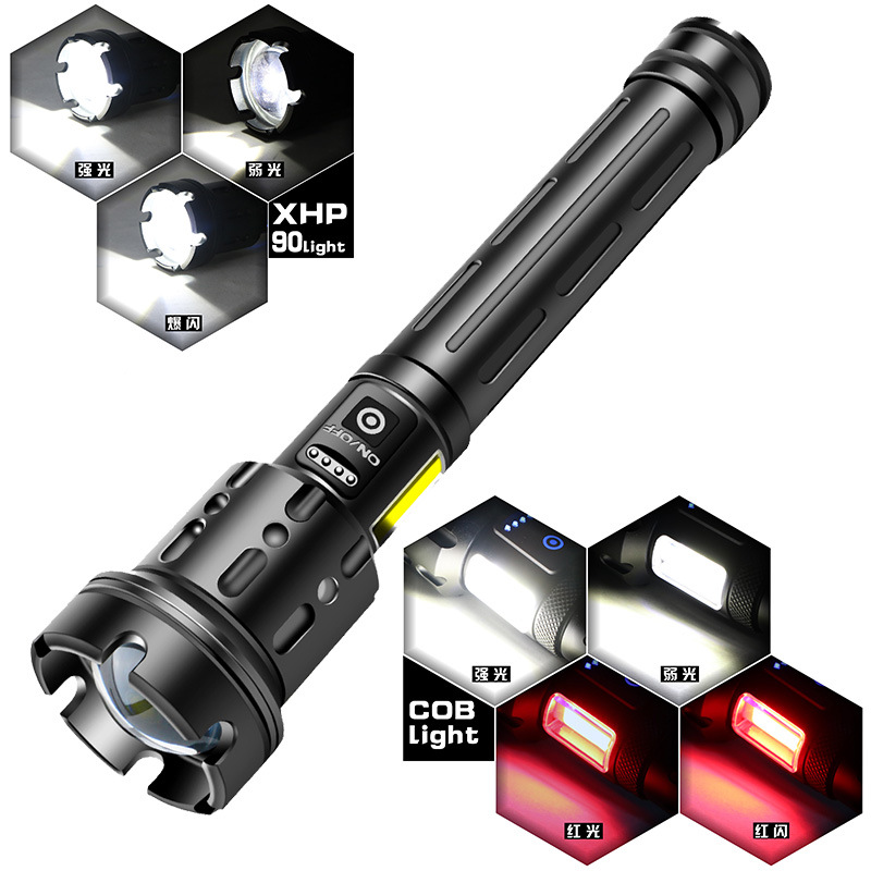 新款P70/P90强光手电筒 户外自由伸缩远射直充手持变焦照明手电筒|ru