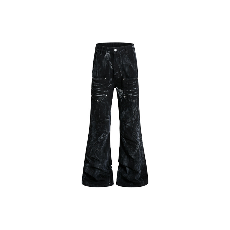Dark-style high-street workwear jeans with rivet detailing, distressed finish, and a slightly flared, pleated silhouette Dark-style high-street workwear jeans with rivet detailing, distressed finish, and a slightly flared, pleated silhouette