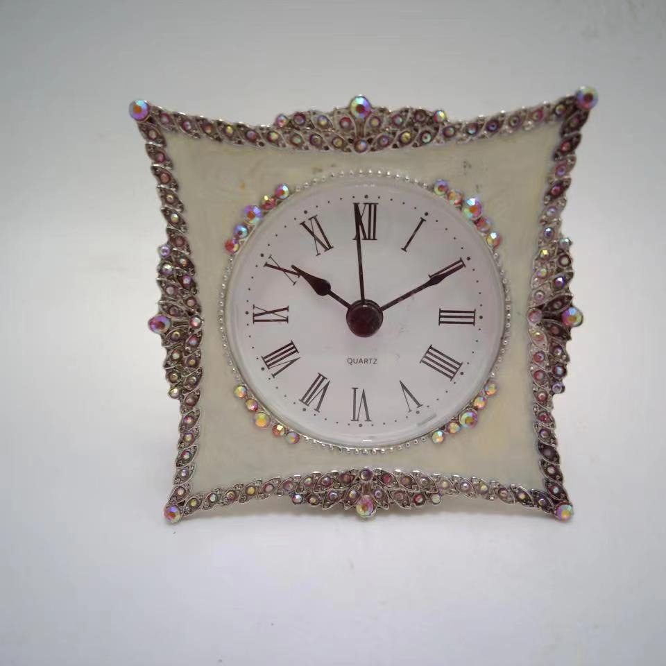 European Retro Alarm Clock with Diamonds and Enamel Mini Clock Ornaments Creative Desk Clock Decoration Table Setting Amazon