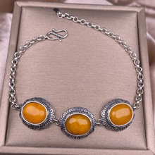 老蜡手链S925银镶嵌复古银做旧尼泊尔风格蜜蜡银饰品时尚日常小众