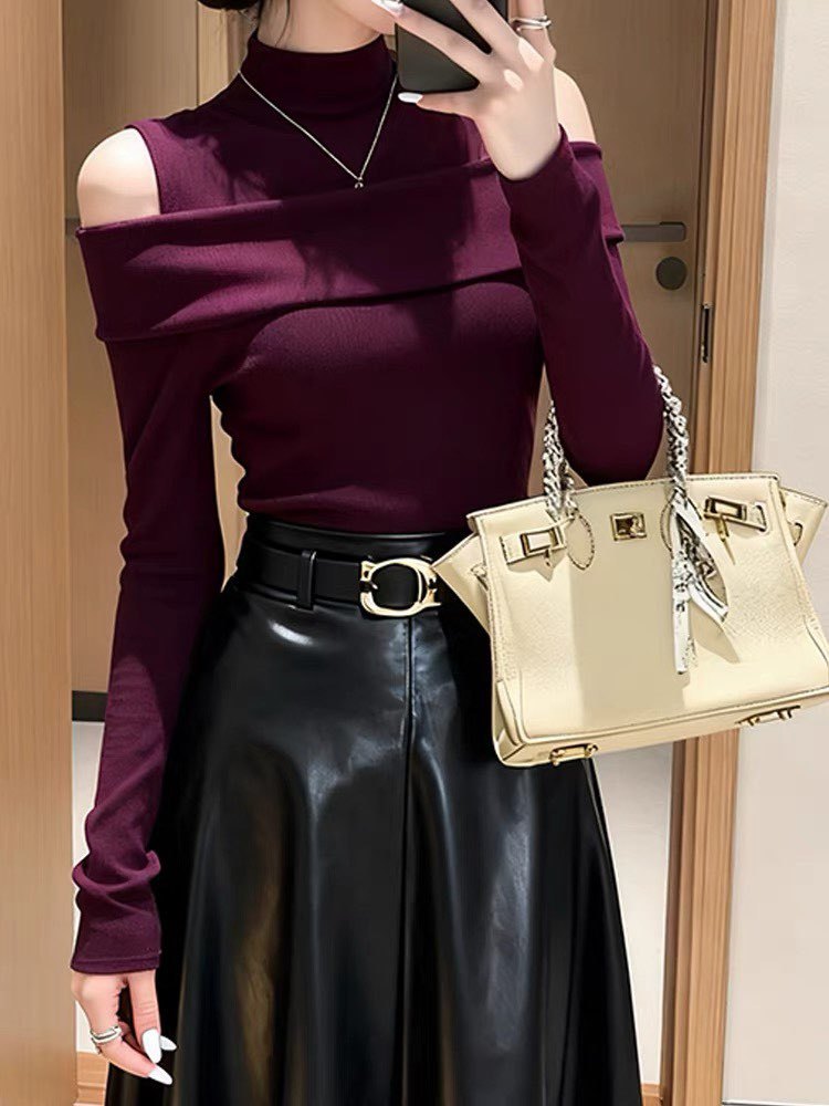 Áo len cổ lọ nữ thiết kế hở vai phong cách quý tộc — Rượu vang đỏ