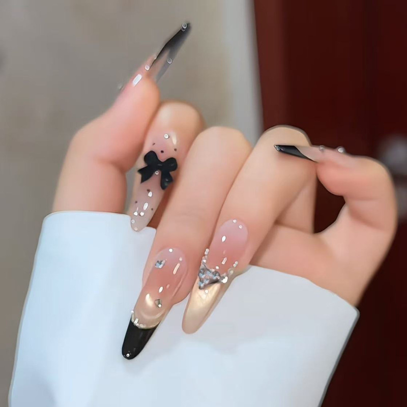 Gentle Fairy Rich Daughter Black French Wear Nail Cat Eye Korean Polka Dot Bow Nail Art Patch Ins