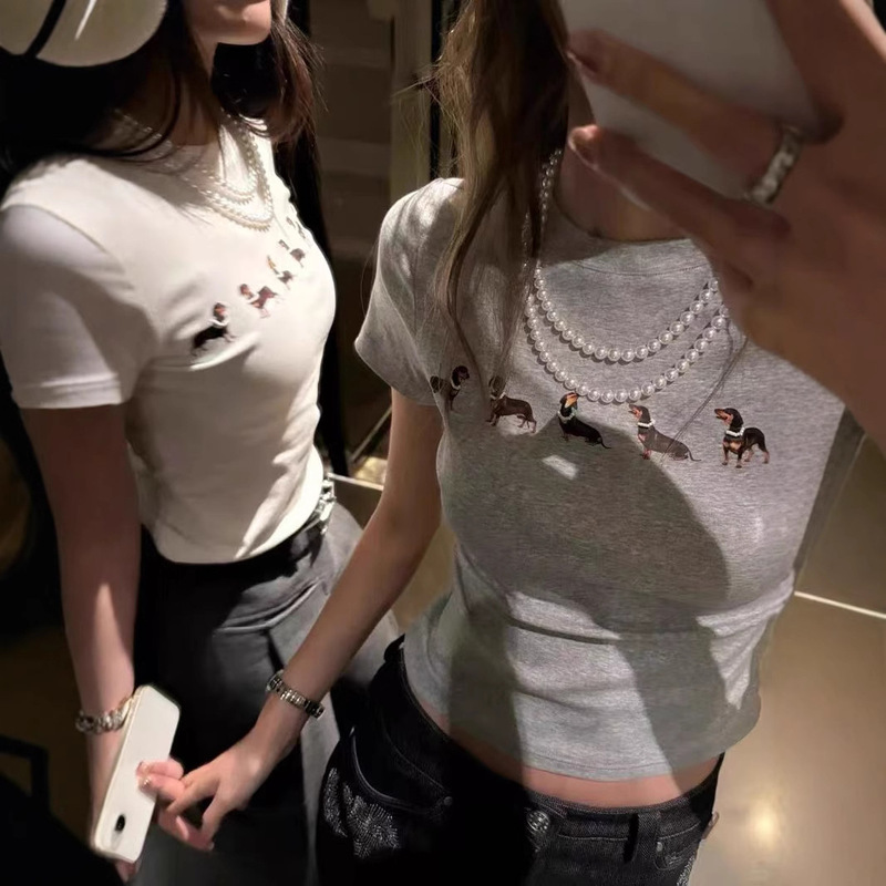 Jennie Same Style Weenie Puppy Shoulder Short-sleeved T-shirt Women's Summer 2025 New Slim-fit Short Hot Girl Top