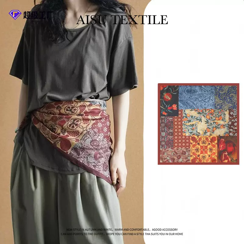 复古油画棉麻发带丝巾小方巾女薄款系腰围巾装饰领巾防晒包头头巾