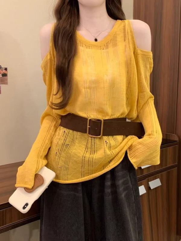 韩系慵懒风宽松百搭防晒衫女2025早秋新款镂空露肩针织长袖上衣|undefined