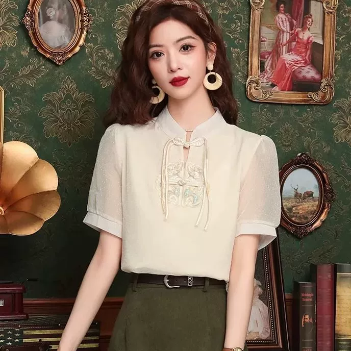 Новая шифоновая блузка в китайском стиле для женщин, летний модный наряд, рубашка с короткими рукавами с обильной вышивкой, топ на пуговицах с воротником-стойкой в ​​китайском стиле.
