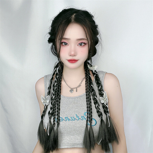 Factory direct sales ponytail wig for women Korean style long hair pearl twist braid strap type simulated fish bone double ponytail