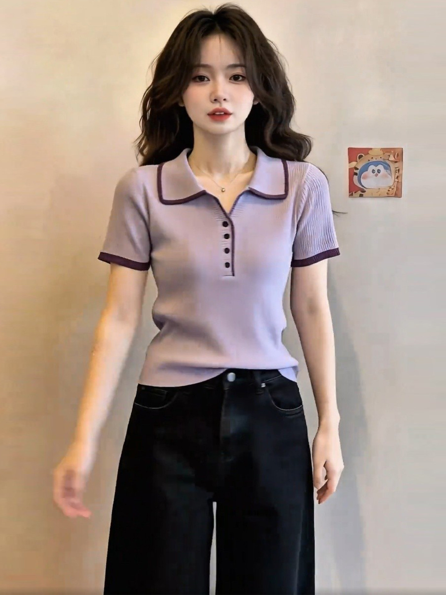 Áo thun polo nữ tay ngắn dệt kim phối màu vai thon gọn — màu tím
