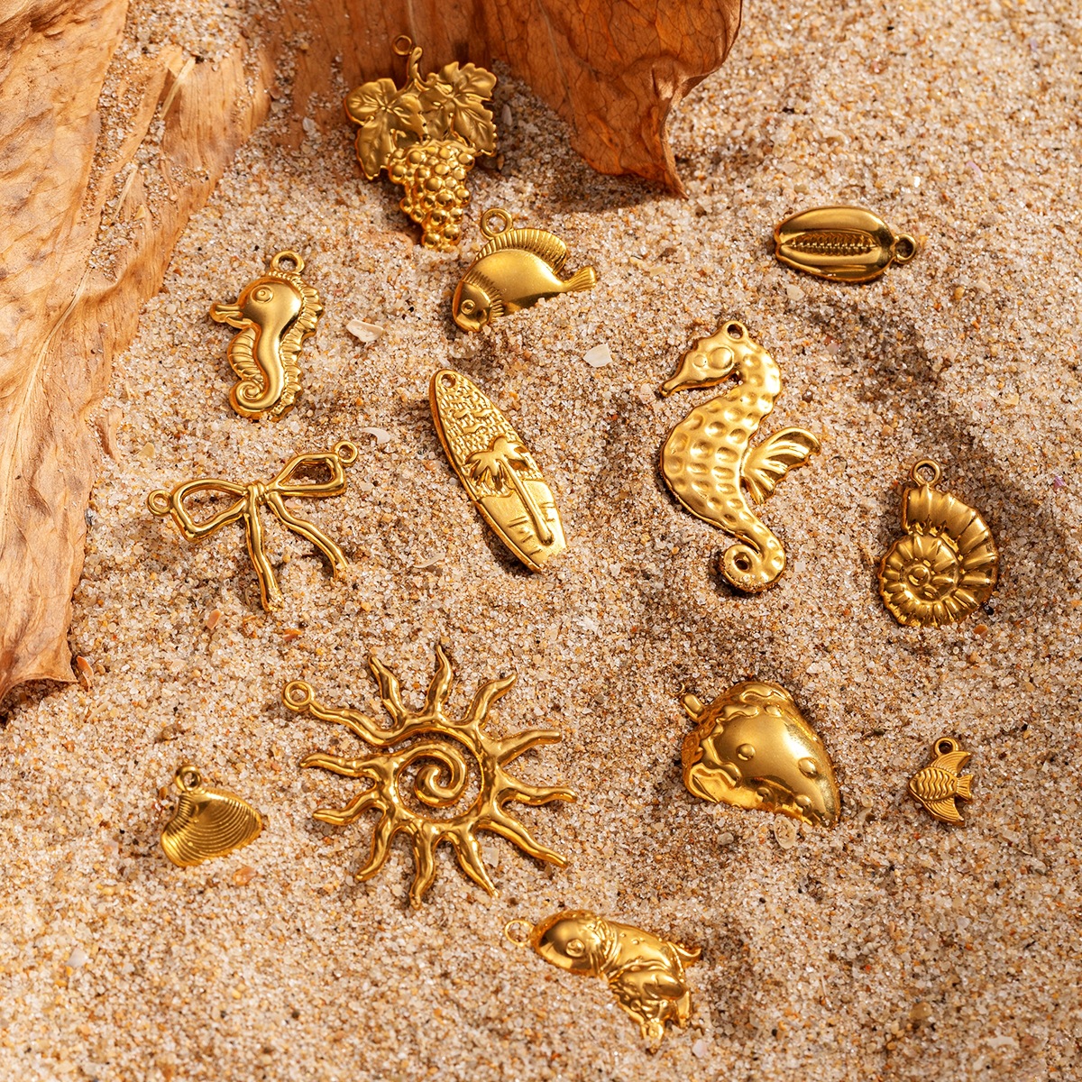 18K Real Gold Plated Plating Material 1 Piece Titanium Steel PVD Coated Real Gold Plated Sun Bow Knot Fish Polished Pendant Charms