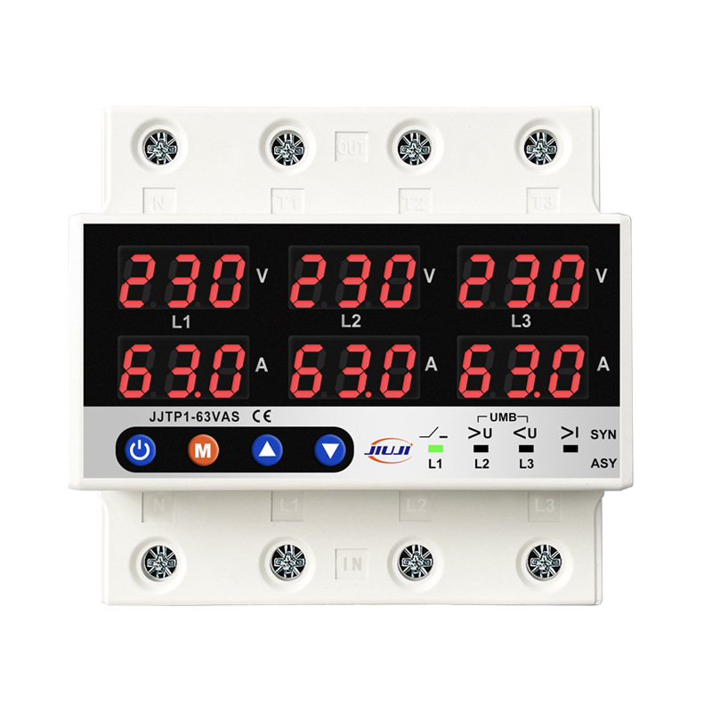 Three-phase adjustable digital display self-duplex over-voltage and under-voltage current limiting protector overload 63A missing zero missing phase 220V