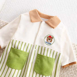 春秋新款吹泡小熊卡通翻领条纹双兜婴儿衣服幼儿衣服宝宝衣服童装