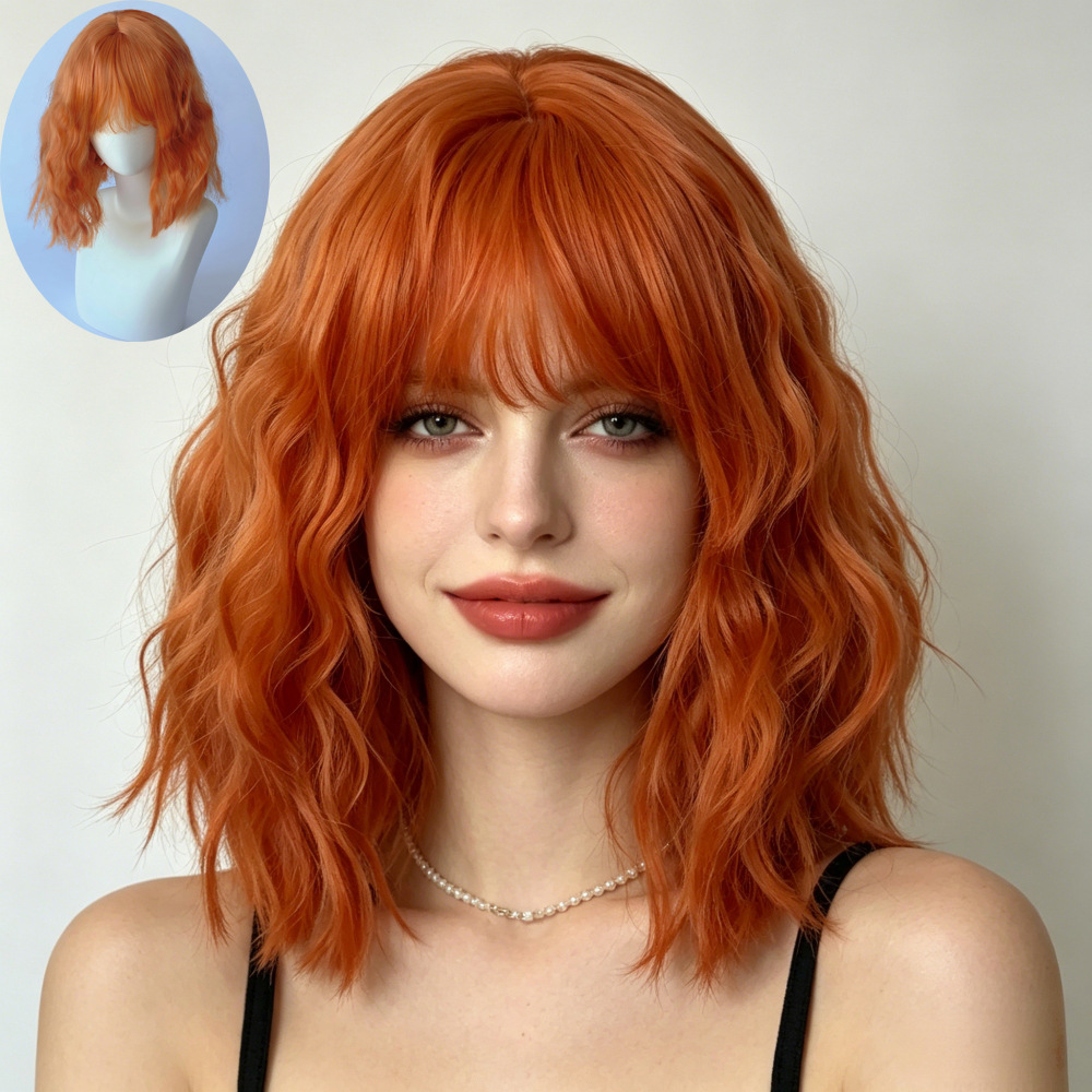 Wig Women's Short Hair bobo Head Round Face Air Bangs Corn Hot Dirty Orange Short Curls Clavicle Hair Wool Roll