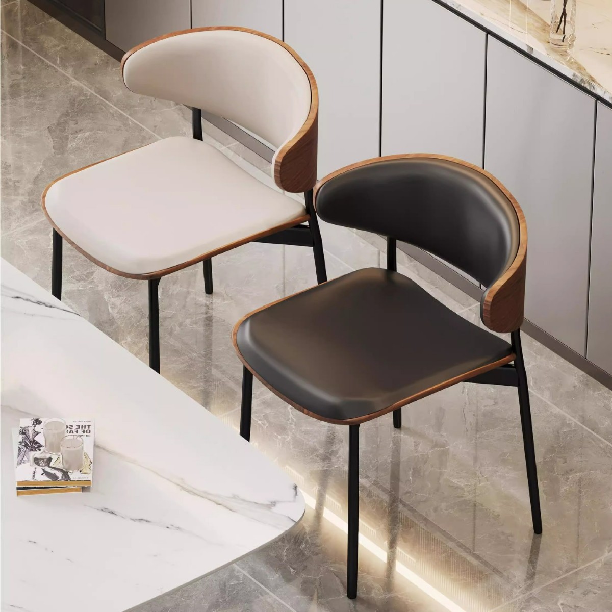 Sillas de comedor minimalistas italianas IMS lujosas y de alto nivel, sillas de cuero con respaldo de madera maciza.