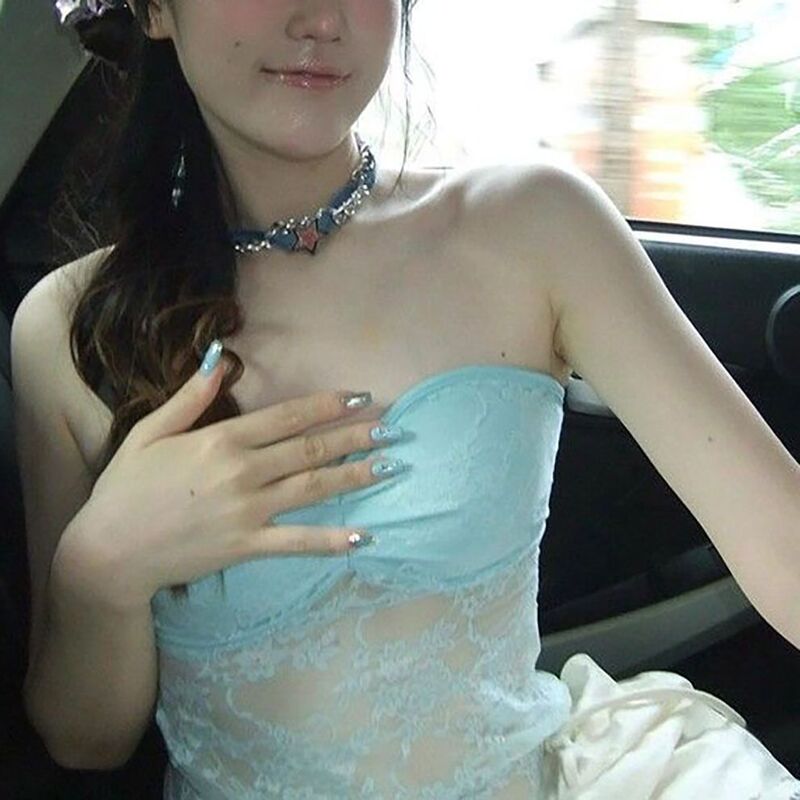 2025 Korean Style Simple and Chic Sweet and Spicy Translucent Lace Splicing Pure Desire Tube Top European and American Summer Shirt