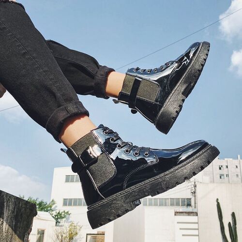 Men's Spring and Autumn New Thick Sole Martin Boots, Korean Version, Fashion Student, Versatile High-Top Leather Shoes, Men's Medium-Height Waterproof Short Boots