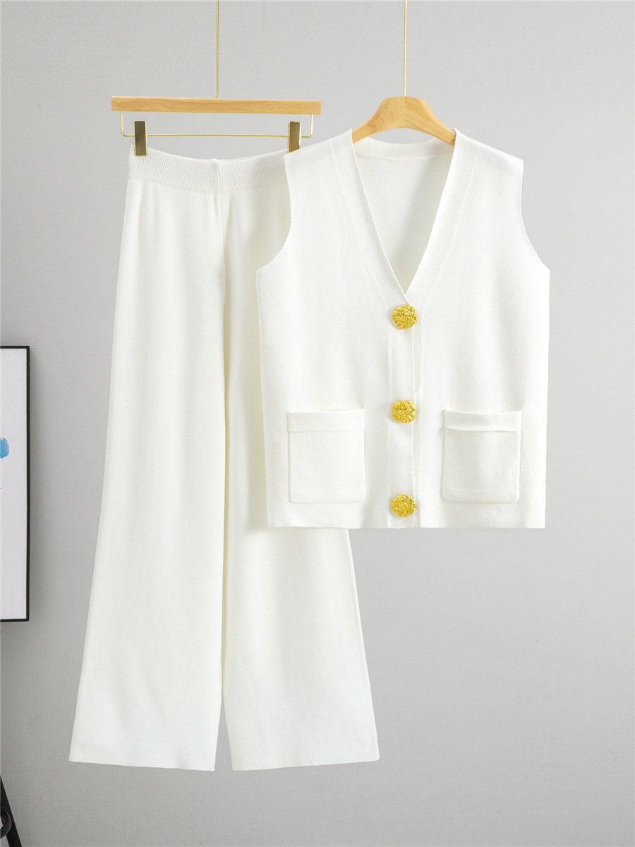跨境2025夏季新款时尚两件套大纽扣V领针织背心休闲长裤针织套装 3