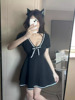 Deep V-neck， waistband， slim bow， A-line dress