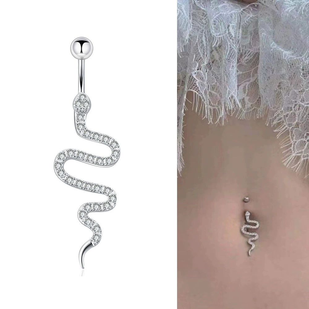 Snake-shaped Belly Button Ring With Diamonds Body Piercing Jewelry_voghion.com