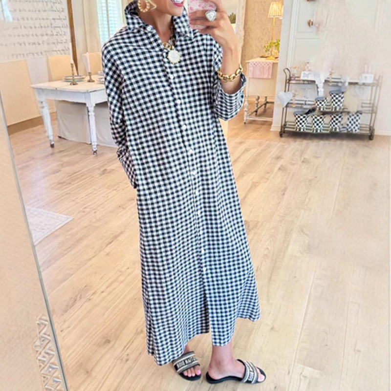 欧美跨境2025时尚女装格子宽松显瘦侧边开叉长款衬衫休闲连衣裙女|undefined