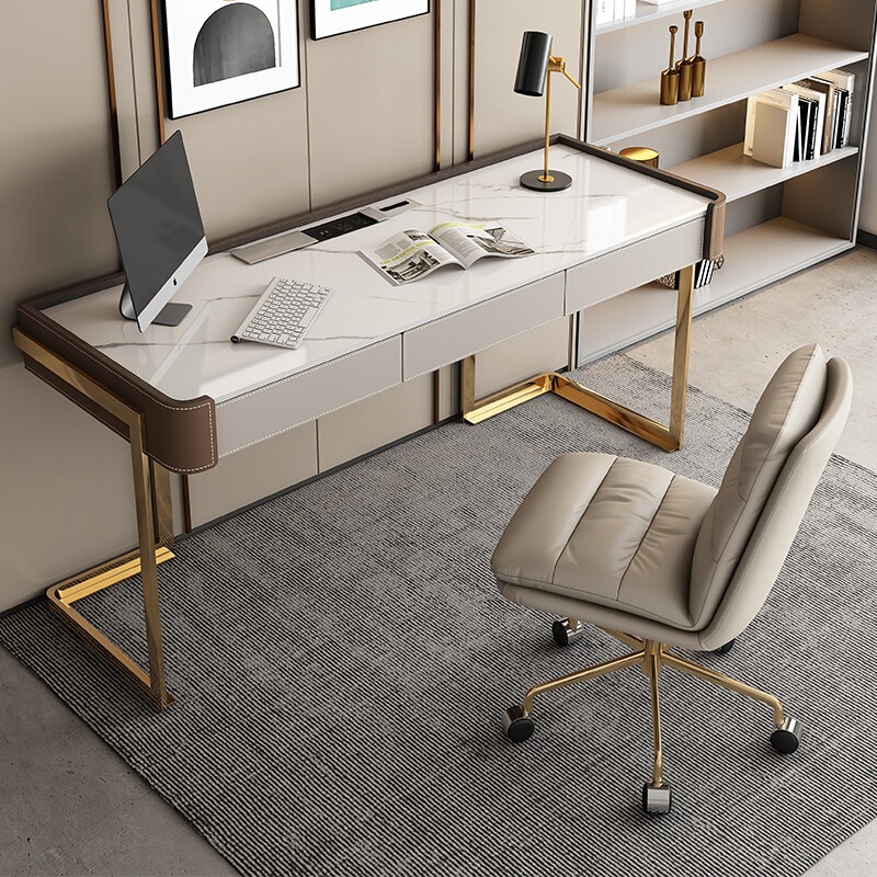 Berg19 Desk, Light Luxury Study Room, Slate Saddle Leather Desk, Italian Modern Minimalist Designer Office Desk, Straight-Line Design