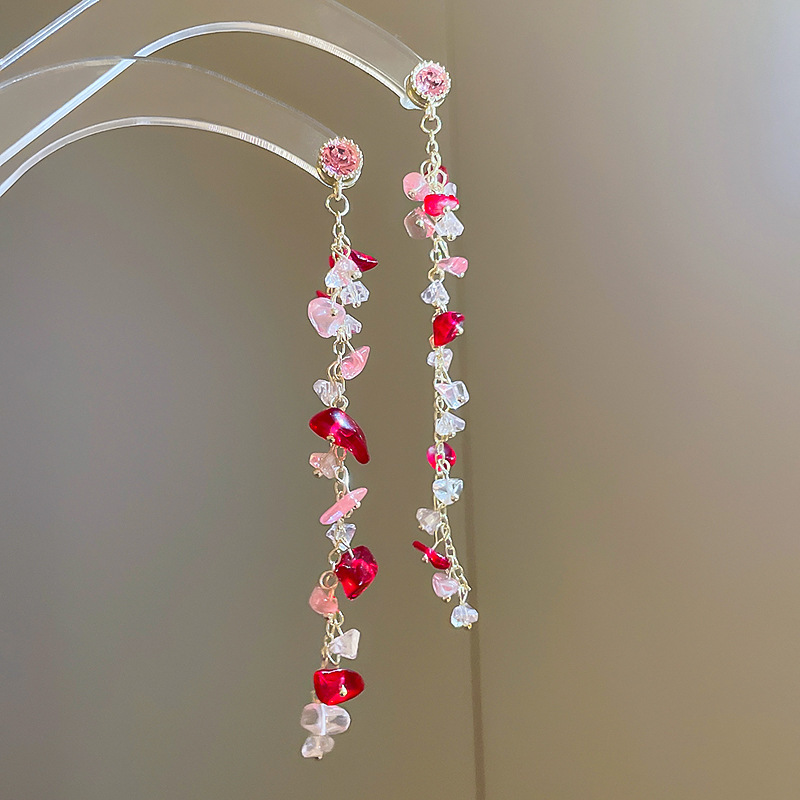 Pendientes de borla de flores de gasa de aguja de plata Pendientes de dopamina de bosque dulce Pendientes de todo fósforo de tendencia de nicho Mujeres al por mayor