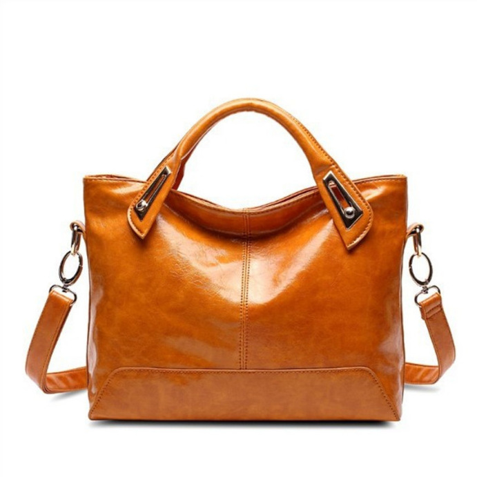 Retro Fashion Women's Bag Oil Leather Gloss Large Capacity Handbag All-match Simple Shoulder Crossbody Bag Wholesale