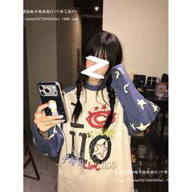 【休闲】+后包领 袖子双印花撞色拼接宽松长袖恤男女 实价图片色