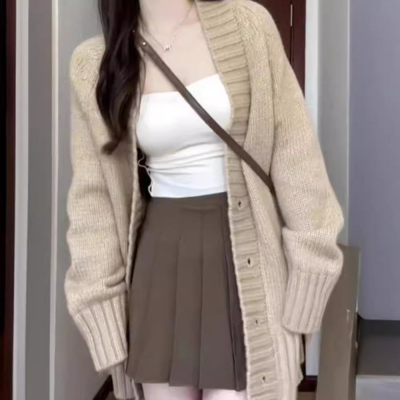 慵懒风软糯V领2025秋冬新款宽松长袖气质纯色毛衣女针织开衫外套|undefined