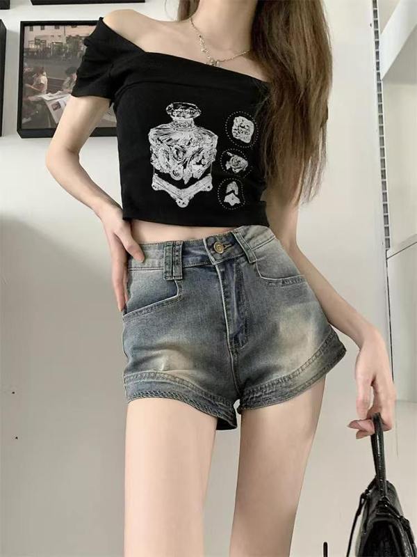 复古辣妹休闲高腰牛仔短裤女夏季2025新款宽松显瘦阔腿百搭热裤子|undefined
