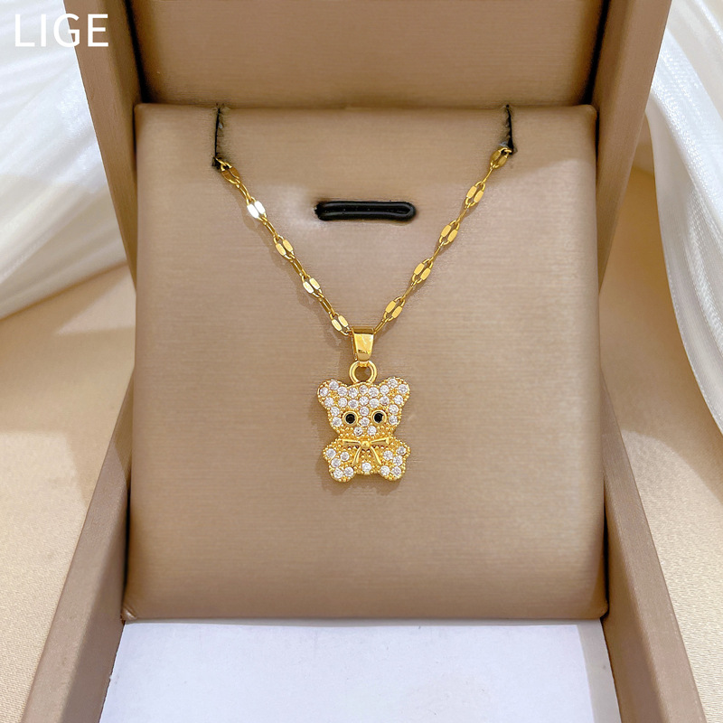 Collar de lujo ligero con lindo oso, incrustaciones de circonita, oro auténtico, para mujer, estilo Ins, cadena para clavícula de celebridad de Internet con joyería_voghion.com