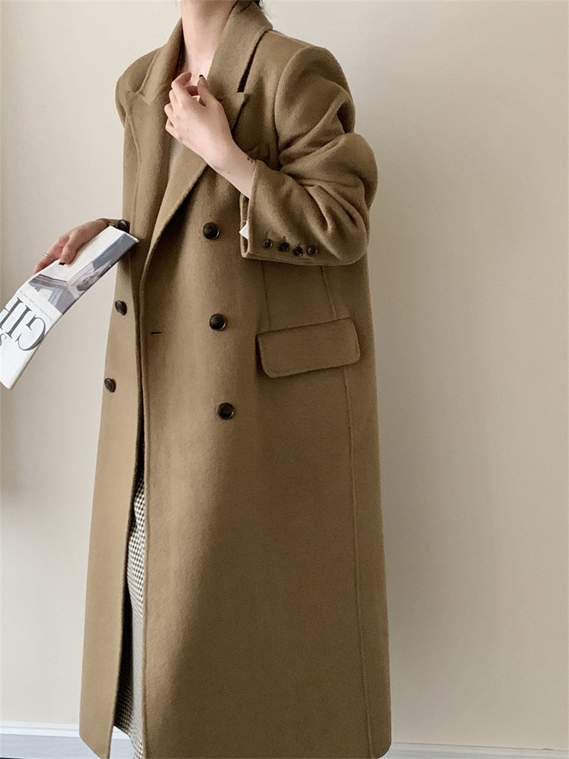 Womens Suit Collar Long Double Breasted Jacket Wool Coat Casual